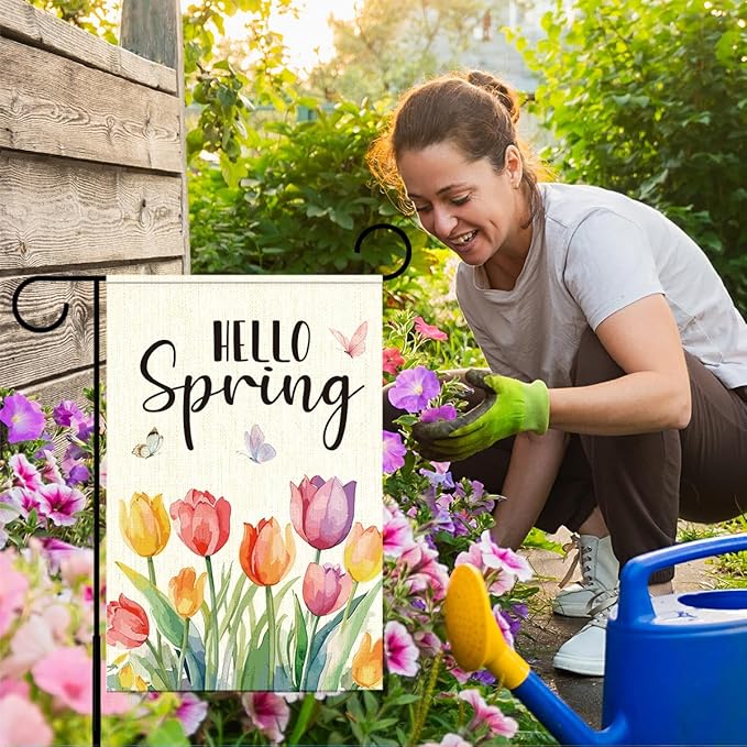 Hello Spring Flags for Outside,Tulip Garden Flag for Yard Patio Lawn Decoration,12x18 Inch Double Sided