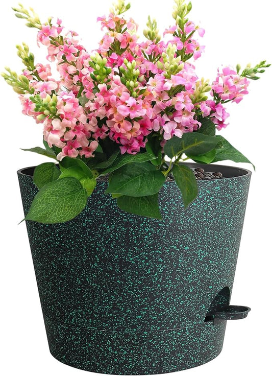 Meowell 12 inch Large Self Watering Pots for Indoor Outdoor Plants, Flower Plant Pots with Mesh Drainage Holes for Garden, Plastic Planters with Reservoir for Home Plants, Black with Green Speckles