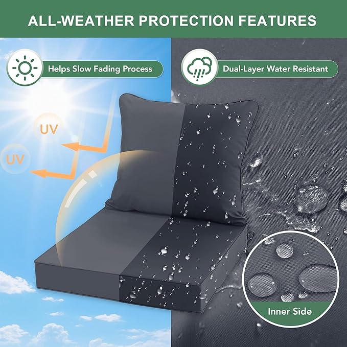 Summsun Outdoor Chair Cushion 19 x 19 Inch, Backrest and Seat Cushion Set for Patio Furniture with Water Resistant Removable Cover, Dark Grey, Set of 4
