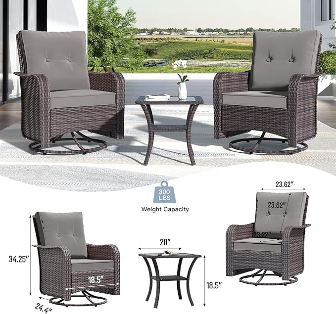 Kullavik 3 Pieces Patio Furniture Set,Outdoor Swivel Rocking Chairs Porch Furniture Patio Rattan Chairs with Table,, Grey