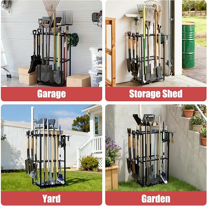 Faesun Garden Tool Organizer, 3-Tier Metal Yard Tool Rack with 14 Hooks & 5 Slots, Holds 50+ Rakes/Shovels/Brooms, Heavy Duty Freestanding Lawn Tool Storage for Garage Shed Outdoor Organization