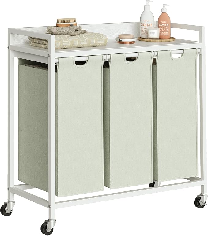 Herture Laundry Hampers with Shelf, Laundry Basket 3 Section, 3 x 15.87 Gal | Laundry Sorter with Pull-Out Removable Large 3 White Bags and Movable Wheels, Metal Frame, White PF04XLW