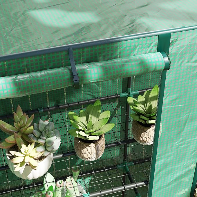 Outsunny Lean-to Greenhouse with 3 Tier Shelves, 56.7" x 18.9" x 59.8" Portable Small Greenhouse with PE Cover, 2 Roll-Up Zippered Doors, for Indoor Outdoor Garden Backyard Balcony, Green