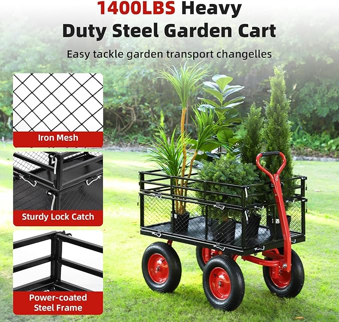GarveeHome 1400Lbs Heavy Duty Steel Garden Cart, Garden Wagon Cart on Wheels, Metal Yard Utility Wagon with Removable Mesh Sides, 2-in-1 180° Rotating Handle and 16 Inch Wheels for Garden, Farm, Yard