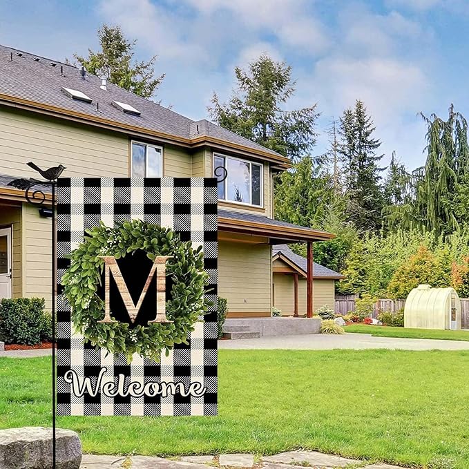 Baccessor Monogram Letter M Garden Flag 12.5 x 18 Inch, Buffalo Plaid Family Last Name Initial Boxwood Wreath Welcome Vertical Double Sided Small Flags for Outdoor Outside Decoration
