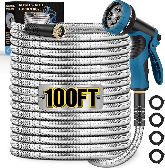 Metal Garden Hose 100FT, Stainless Steel Water Hose with 10 Function Nozzle, Solid Brass Fittings, Lightweight, Kink-Free & Dog Chew Proof for Lawn, Yard, RV, Car Wash, 550PSI