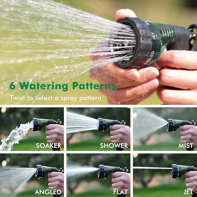 RESTMO Garden Hose Spray Nozzle, Water Hose Nozzle Heavy Duty, High Pressure Hand Sprayer with 6 Adjustable Watering Patterns, Slip Resistant for Watering Plants, Car Washing & Pet Showering, Green