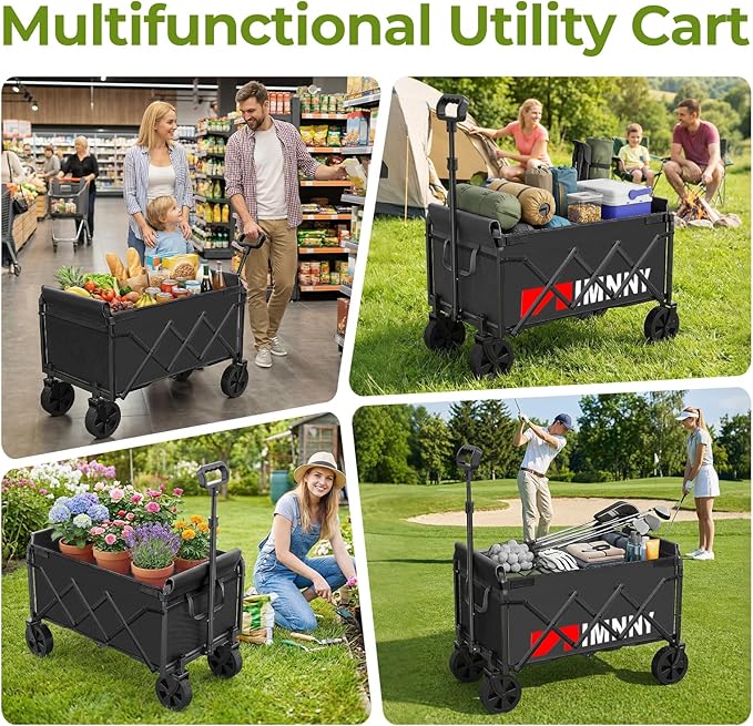 Black Collapsible Wagon Cart, Lightweight Portable Foldable Wagon with Wheels, 220lbs Utility Cart for Grocery, Light Camping, Sports, Easy to Fold & Store(Black)