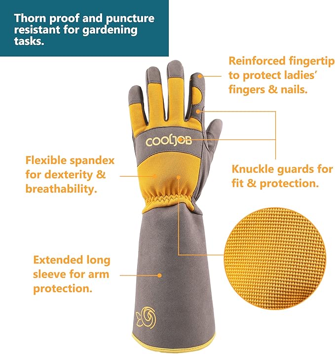 COOLJOB Thorn Proof Rose Pruning Garden Gloves for Women, Long Sleeve Padded Yard Work for Bush, Blackberry, Cactus, Heavy Duty/Puncture Resistant/Machine Washable, Medium, Yellow