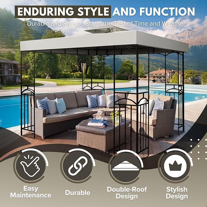 Flexzion Gazebo Cover Replacement Canopy Top 8x8 Ft (2.4m x 2.4m) - Double Tier Top Canopy Cover Replacement with UV30+, Dirt, Water Resistant for Outdoor, Sunshade, Garden, Patio, Pavilion (Ivory)