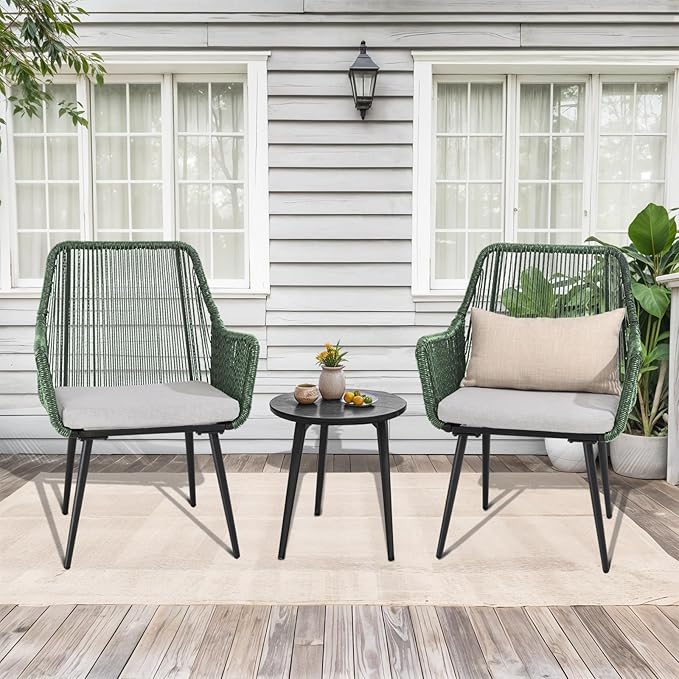 Patio Dining Chairs, Outdoor Dining Chairs with Armrest & Cushion Set of 2, All-Weather Woven Twisted Wicker Rattan Chair, Modern Indoor Outdoor Seating for Garden Lawn Backyard Green