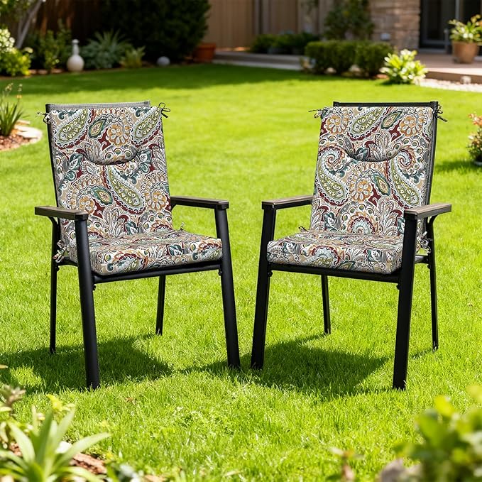 DYTXIII Outdoor High Back Chair Cushions Set of 2, 44x20 in Water Repellent Patio Seat Cushions with Elastic Sponge, All Weather Cushions for Rocking, Dining Chairs, Patio Furniture - Paisley Chilli