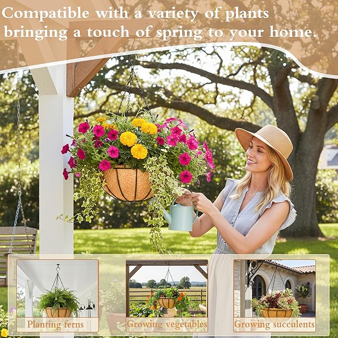 2 Pack 12" Round Metal Hanging Basket for Outdoor Plants Durable Large Hanging Planter with Coco Coir Round Plant Holders Planter for Outside Garden Decoration(Watermelon)