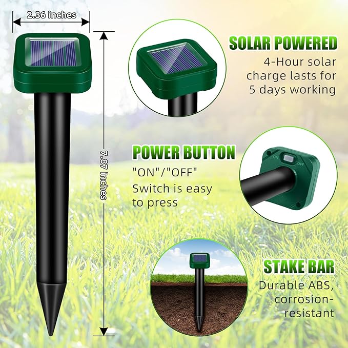 2026 Upgraded Mole Repellent Solar Powered Rodent Repellent Outdoor Ultrasonic Waterproof Pest Deterrent for Yard Lawn Garden Drives Away Rodent Voles Skunk Groundhogs Snake Chipmunks Raccoons 8 Pack