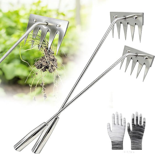 2Pcs Weed Puller Tool - 2026 Portable Manual Weeding Tools Gardening, 5 Teeth Head Stainless Steel Hand Garden Weeding Rake, Weed Remover Tool for Gardening Backyard Yard Farm Planting