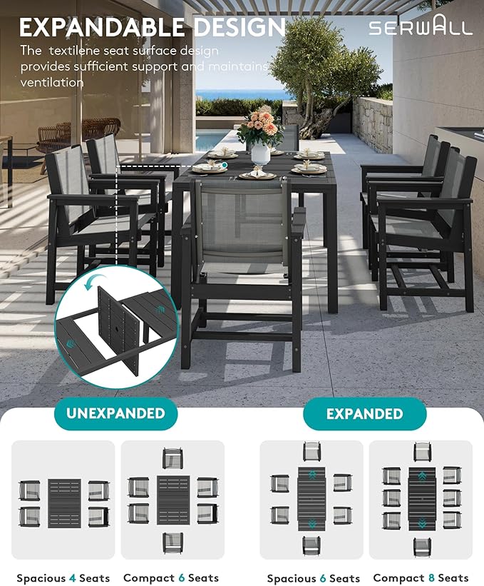 SERWALL Outdoor Dining Chairs Set of 2, All-Weather HDPE and Textilene Material Patio Chairs, Grey
