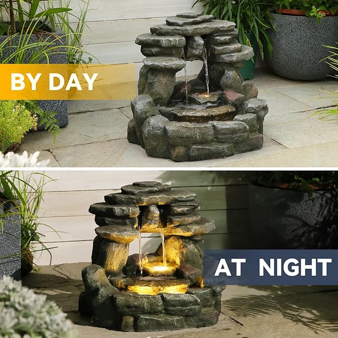 Bumilgar 15.6" H Small Garden Outdoor Rock Water Fountain with LED Lights, 3-Tier Cascading Waterfall Fountain for Patio, Porch, Backyard & Indoor Home Decor