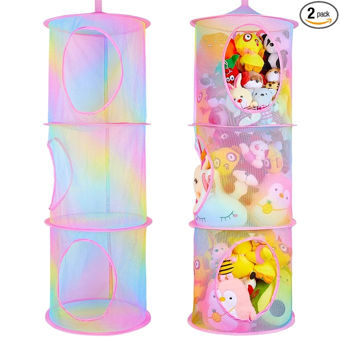 Basumee Hanging Stuffed Animals Storage, 2 Pack Mesh Plush Storage, 3-Tier