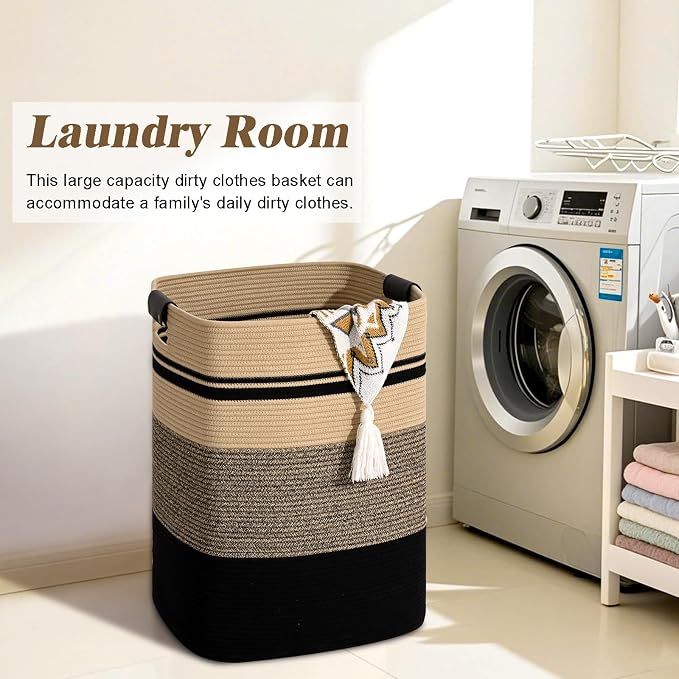 Laundry Hamper, 105L Tall Laundry Basket with Leather Handles, Rectangle Large Clothes Hamper for Organizing, Cotton Woven Laundry Baskets Storage Hampers for Bedroom, Nursery, Living Room