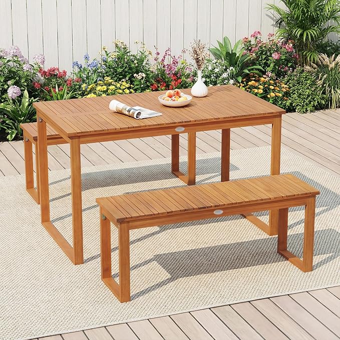 Tangkula Acacia Wood Outdoor Bench Backless Set of 2, 2-Person Wood Patio Bench with Slatted Seat, Outdoor Backless Dining Bench for Backyard, Poolside, Porch (43.5")