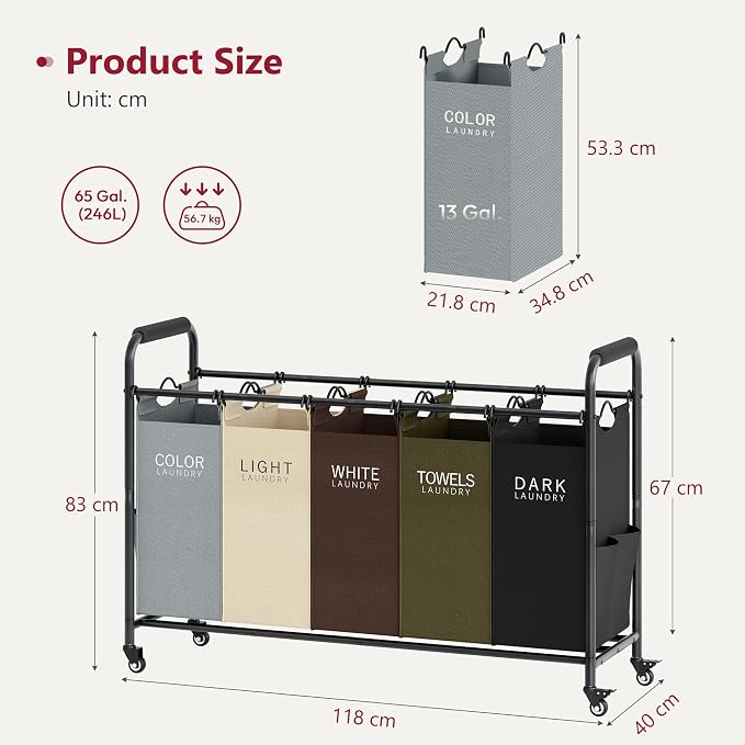 Tajsoon 5 Bag Laundry Sorter Cart, Laundry Hamper 5 Section, 5 Colors