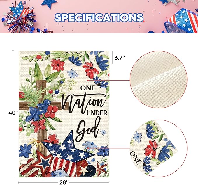 AVOIN colorlife Memorial Day Patriotic 4th of July House Flag 28x40 Inch Double Sided Outside, Flowers Cross Yard Outdoor Decoration