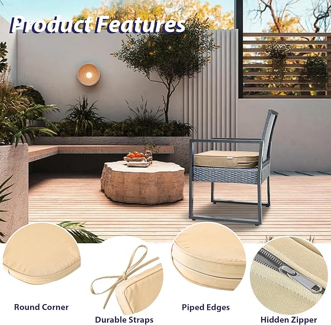 IPYNBAP Outdoor Chair Cushions Set of 4 -Waterproof Outdoor Seat Cushions for Patio Furniture, Patio Chair Cushion with Handle and Ties, Round Out Door Chair Pads,18.5" x 16" x 3", Beige