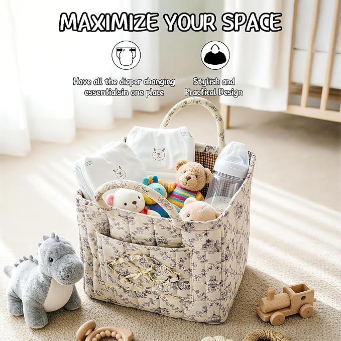 Quilted Fabric Car Storage Basket with Handles & Pocket, Foldable Laundry Hamper Boho Floral Print Organizer Bin for Home, Picnic, Office Nursery Cloth Toy 12"x10"x10" (Style D)