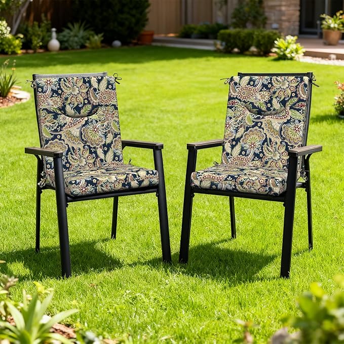 DYTXIII Outdoor High Back Chair Cushions Set of 2, 44x20 In Water Repellent Patio Seat Cushions with Elastic Sponge, All Weather Cushions for Rocking, Dining Chairs, Patio Furniture - Paisley Sapphire