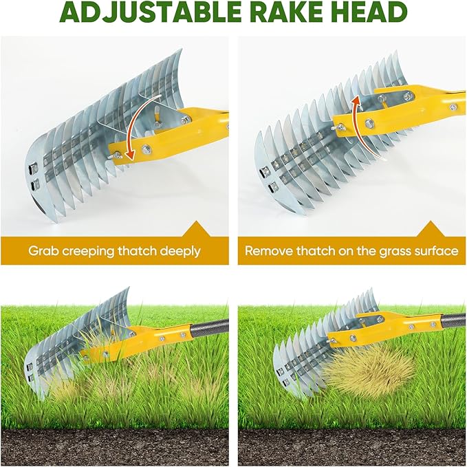Thatch Rake, 15-Inch Steel Lawn Dethatcher with Handle, Heavy Duty Grass Cleaning Tool for Dead Grass and Soil Loosening, Versatile Yard and Garden Grooming