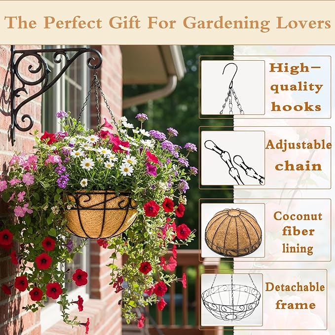 2 Pack 12" Round Metal Hanging Basket for Outdoor Plants Durable Large Hanging Planter with Coco Coir Round Plant Holders Planter for Outside Garden Decoration (Flower Border)