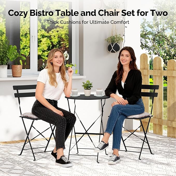 VINGLI Outdoor Folding Bistro Table and Chairs Set, 3-Piece Patio Bistro Set with 2 Chairs and Table, Metal Folding Bistro Set with Cushions for Patio, Balcony, Garden, Porch, Black