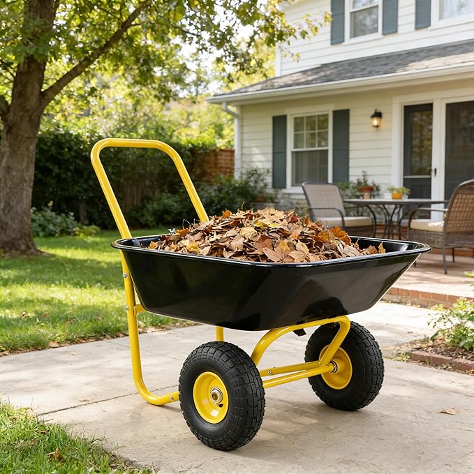Heavy-Duty Two-Wheeled Garden Barrow with 10-Inch Pneumatic Wheels, 35L Large Capacity Leakproof Wheelbarrow for Farm, Lawn & Warehouse Use (Black)