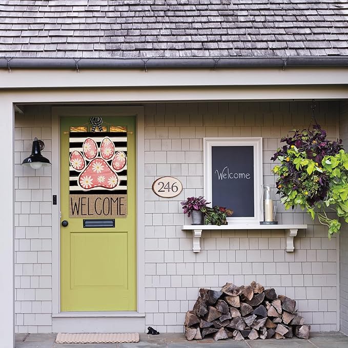 AVOIN colorlife Pink Paw Print Spring House Flag 28x40 Inch Double Sided Outside, Daisy Floral Welcome Stripes Yard Outdoor Flag
