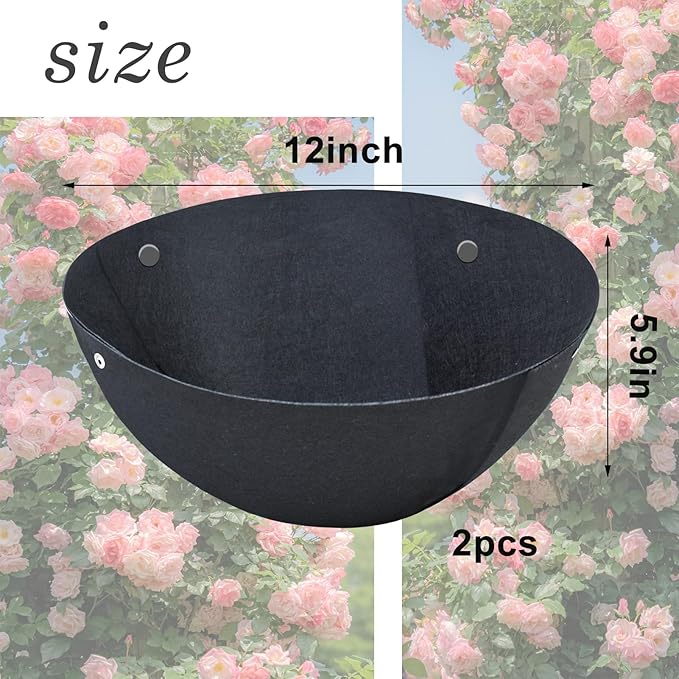 2PCS 12 Inch Round Hanging Basket Liner Fabric Non-Woven Planter Black Felt Replacement Inserts for Hanging Baskets Outdoor Plants - Avoid Bird Nesting