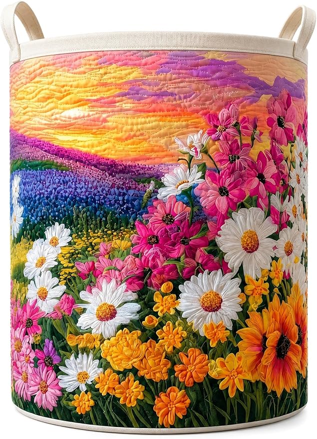 Quilted Laundry Basket with Handles, Boho Floral Quilted Storage Hamper, Large Capacity Laundry Hamper for Nursery Bedroom Laundry Room Home Decor (Pattern 01, Medium (22"H x 16"W x 16"L))