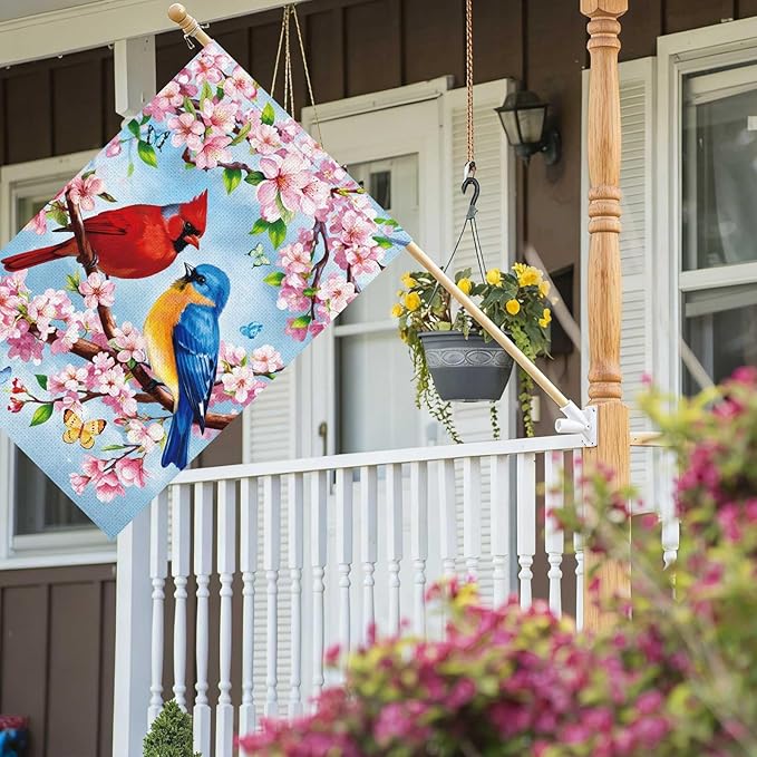 Heyfibro Spring Summer Cardinal Garden Flag 28x40 Double Sided Burlap, Bluebird & Cherry Blossom Flower Yard Banner for Rustic Seasonal Outdoor Decoration (ONLY FLAG)