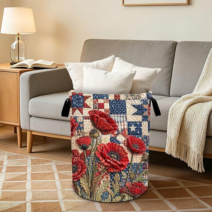 Red Flower Laundry Basket Collapsible Oxford Laundry Hamper Clothes Storage Bin with Handles for Bedroom Bathroom Laundry Room 19.6 x 15.7 Inches
