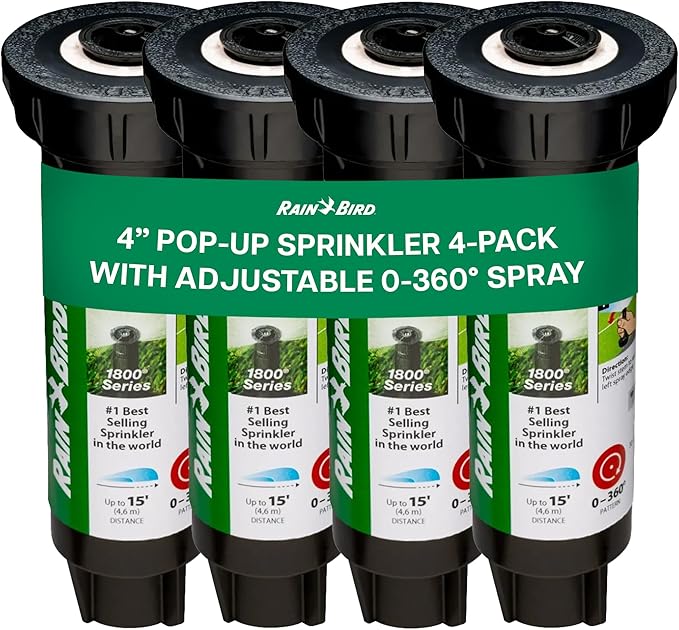 Rain Bird 1804APPRS Pressure Regulated 1800 Series Dual Spray 4 Inch Pop Up Sprinkler Head, 4 Pack - Water Efficient Lawn Sprinkler with 360 Degree Pattern, 1/2 Inch NPT, Up to 15 Ft Spray Distance