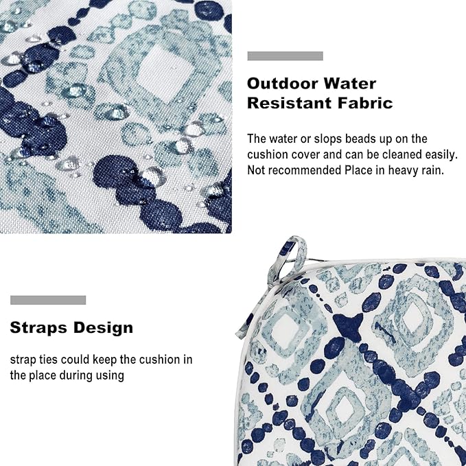 DYTXIII Set of 4 Outdoor Chair Cushions with Ties,Water Repellent Patio Chair Pads 17"x 16" for Outdoor Furniture,Round Corner Seat Cushions for Garden Yard Kitchen Boho Geometry Blue