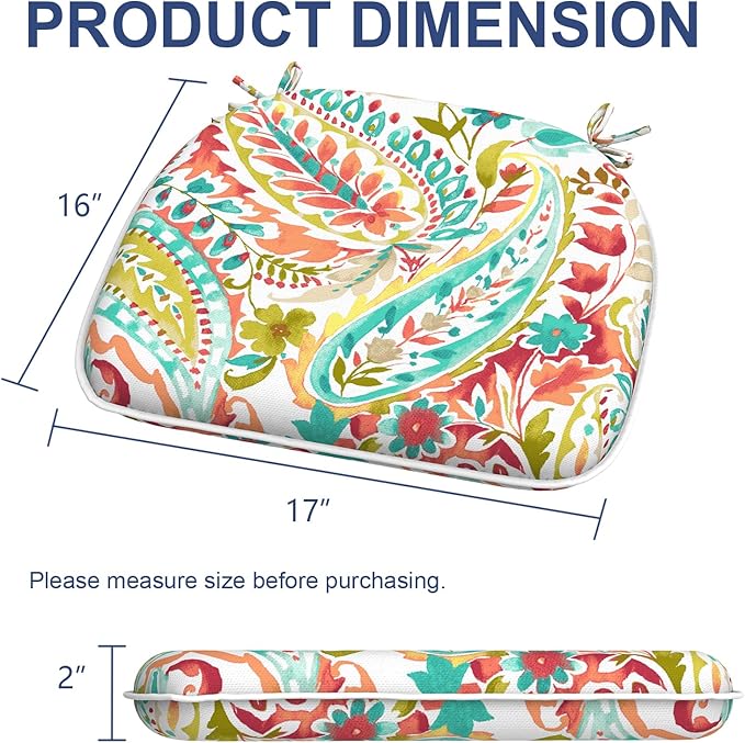 Outdoor Chair Cushions Set of 2, Water Resistant Patio Chair Pads with Ties, Seat Cushions for Home Garden Furniture Decoration, 16"x17", Pretty Paisley