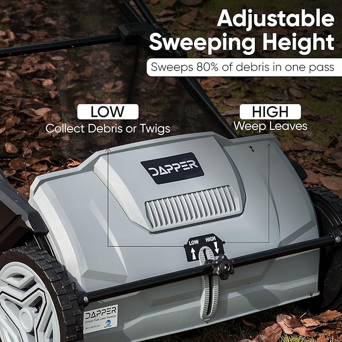 Dapper Supply 21-Inch Push Lawn Sweeper, Grass, Lawn and Leaf Cleanup Collector with Large 3.5 cu. ft. Hopper Bag, Durable Wheels, and Dual Spinning Brushes, Grey