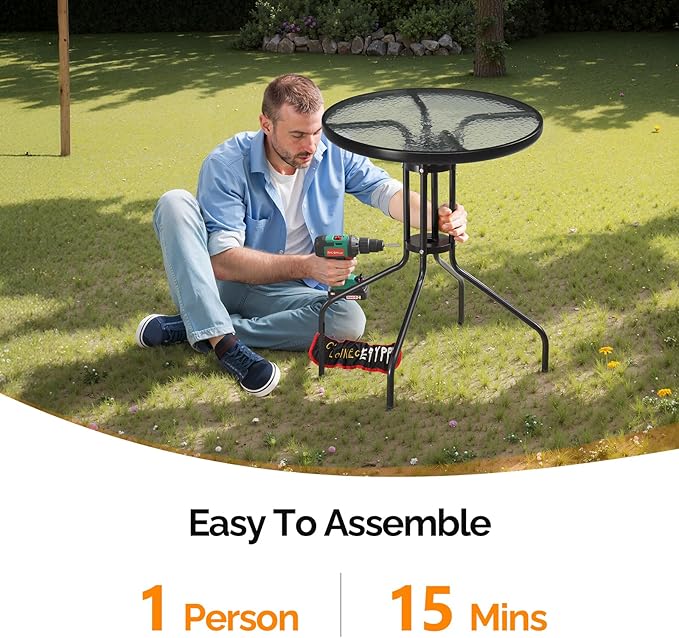 VINGLI Outdoor Bistro Table, 24" Patio Table Steel Frame Tempered Glass Top, Dining Tables for Balcony Garden Poolside (24‘’ Round)