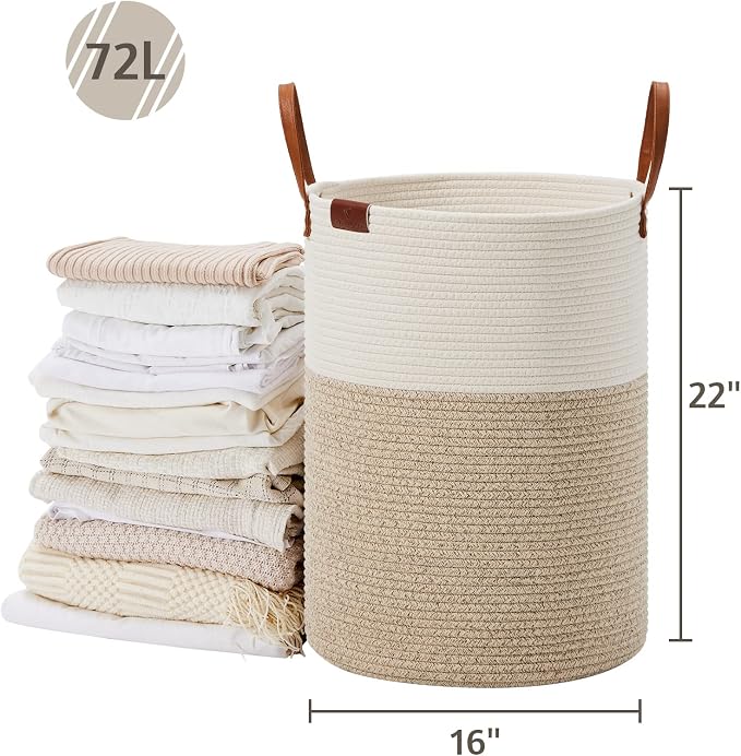 VIPOSCO 72L Tall Woven Rope Laundry Hamper, Leather Handles, White & Brown | Large Wicker Laundry Basket for Dirty Clothes, Blanket, Toy, Towel, Yoga Mat, Storage Bin in Bedroom, Bathroom, Living Room