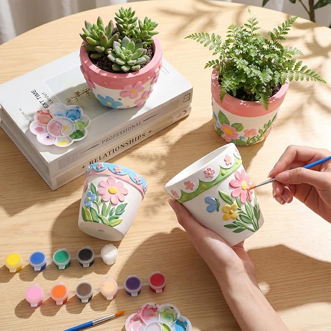 Zubebe 12 Pcs Spring Paint Your Own Flower Plaster Pots Bulk Unfinished Succulent Pots Painting Kit with Drainage Hole Mini Paintable Plant Vase Ready to Paint Planter for Spring Mother DIY Craft