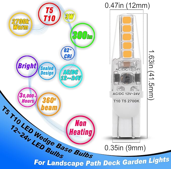 Heifymi T5 T10 Wedge Base Landscape Light Bulbs 3 Watt Replace 25W 30W Halogen 2700K Warm White 300lm 12V-24VAC/DC 921 194 LED Bulb for Landscape RV Camper Marine Boat Garden Pathway Lighting, 10 Pack