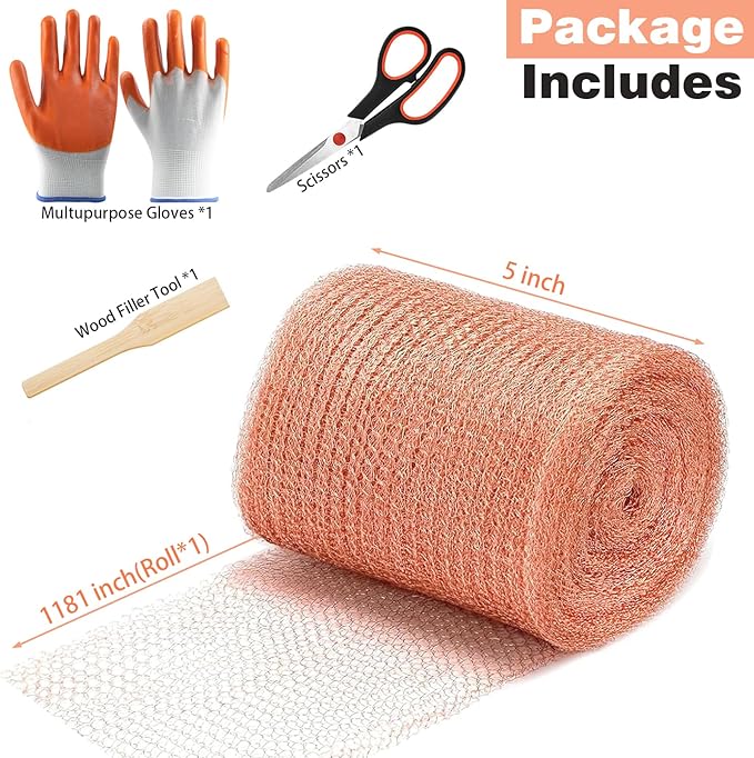 Copper Mesh Rodent Control, 5 in x 100 ft Wire Screen Roll for Mice Rat Rodent, Bat & Snail, Copper Mesh Roll for Weep Hole Filler, DIY Pest Blocking for Home and Garden