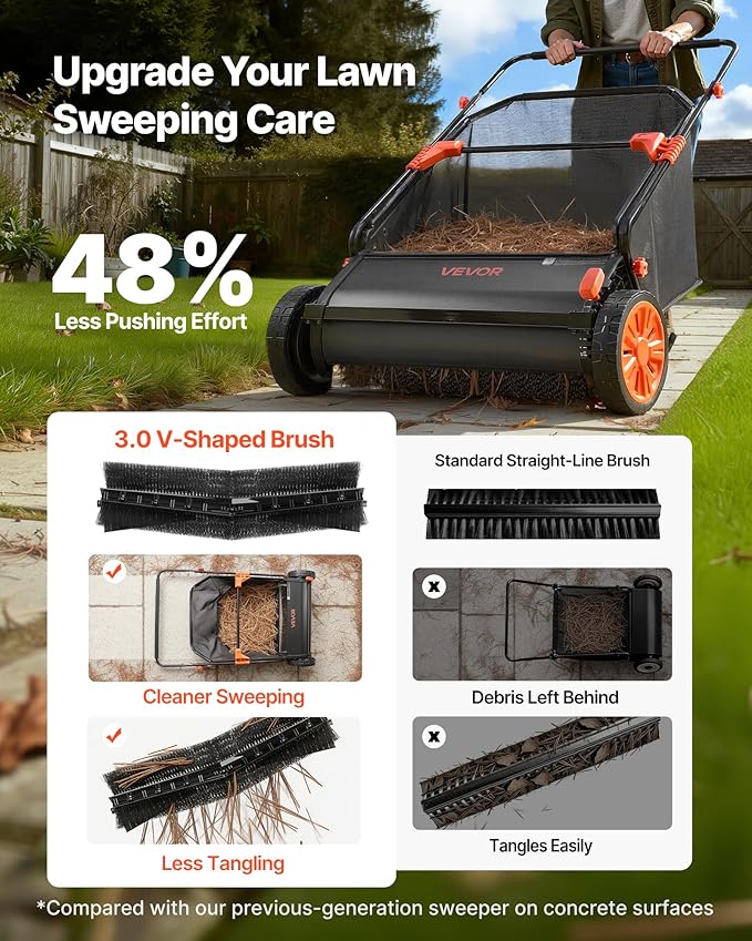 VEVOR Push Lawn Sweeper, 30 in Leaf & Grass Collector with 12 cu. ft. Hopper Bag, Adjustable Brush Height & Spinning Brushes, Heavy Duty Yard Sweeper with Rubber Wheels for Leaves Grass Cleanup