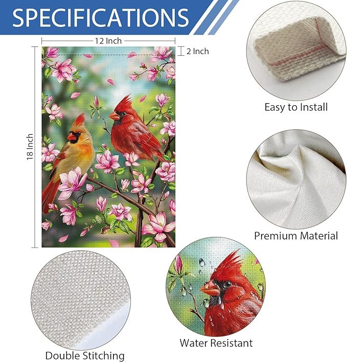 Heyfibro Spring Cardinal Garden Flag Spring Summer Magnolia Flower Garden Flags 12x18 Inch Double Sided Burlap Red Bird House Welcome Flag for Seasonal Farmhouse Yard Outdoor Decor(ONLY FLAG)