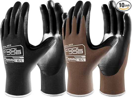COOLJOB 10 Pairs Nitrile Dipped Safety Work Gloves with Grip, Non-slip Rubber Coated Bulk Garden Gloves for Men, Heavy-duty Oil Resistant for Truck Driver, Warehouse Box Handler, Small, Black Camel